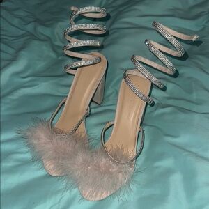 Silver and Cream High Heels with Luxurious Fur and Wraparound Straps